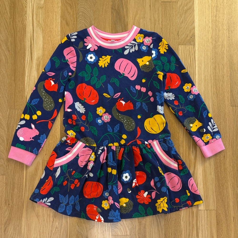 Girls Mini Boden Dress Blue with Multicolor Floral Bunny Hedgehog Size 7-8 Years